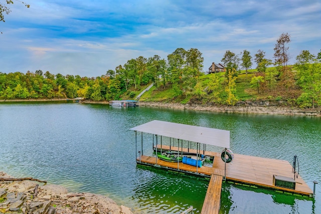 view of dock with a water view