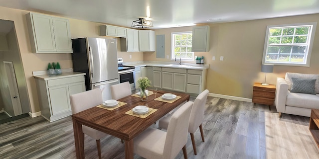1835 Echo Point Rd, Bronston, KY 42518 - kitchen with appliances with stainless steel finishes, a sink, light wood-type flooring, and baseboards