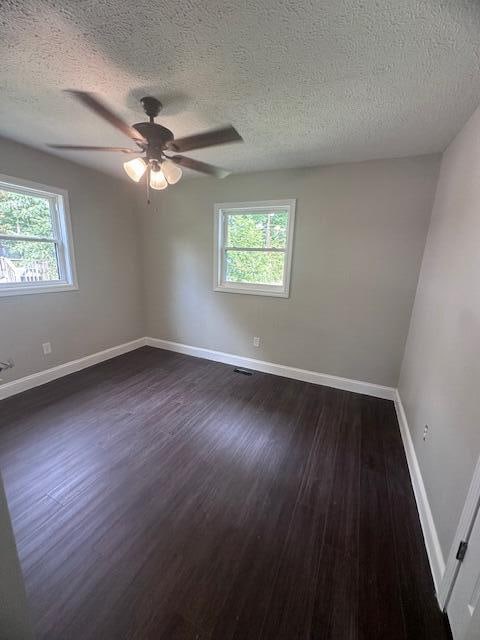 unfurnished room with a textured ceiling, dark wood-type flooring, ceiling fan, and a wealth of natural light