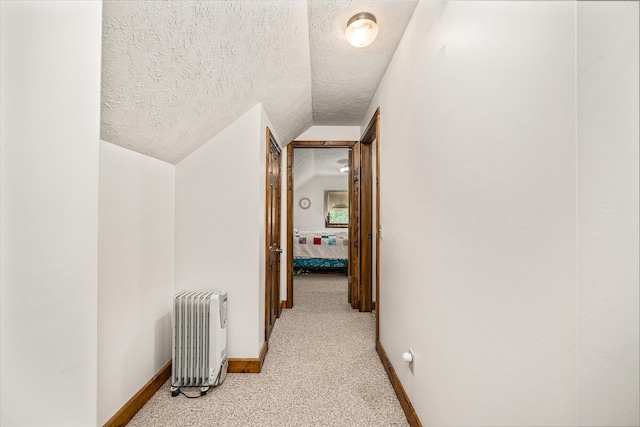 15 Oak Leaf Ln, Albany, KY 42602 - corridor featuring lofted ceiling, radiator heating unit, light colored carpet, and a textured ceiling