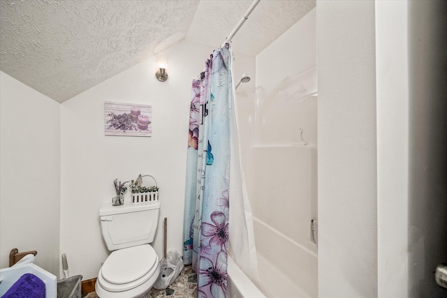 15 Oak Leaf Ln, Albany, KY 42602 - bathroom featuring vaulted ceiling, shower / bath combo, a textured ceiling, and toilet