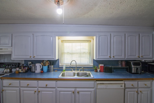 kitchen featuring white cabinets, white appliances, exhaust hood, a textured ceiling, and sink