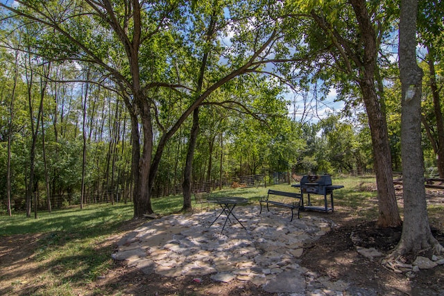 view of community featuring a lawn and a patio