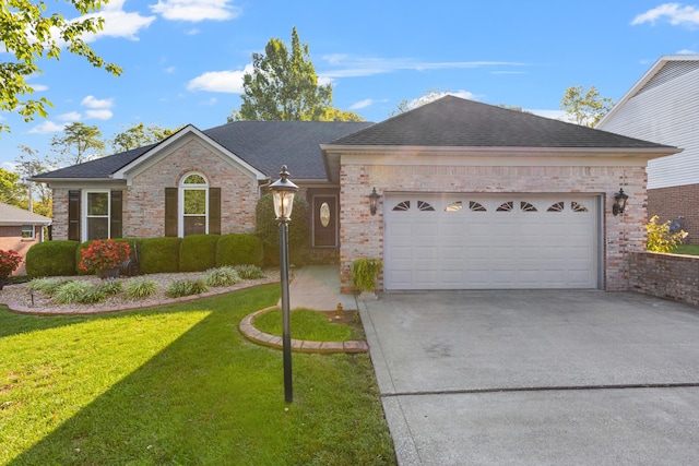 ranch-style home with a garage and a front lawn