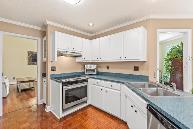 kitchen with crown molding, appliances with stainless steel finishes, sink, and white cabinetry