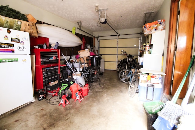 garage with white fridge