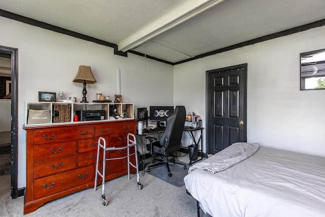 bedroom with light carpet, beam ceiling, and crown molding