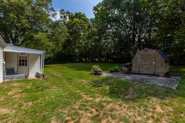 view of yard featuring an outdoor fire pit and a shed