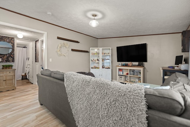 living room with a textured ceiling, light hardwood / wood-style flooring, and ornamental molding