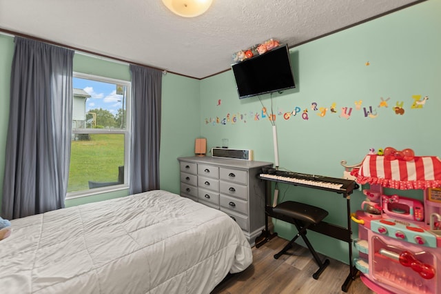 bedroom featuring wood-type flooring and a textured ceiling