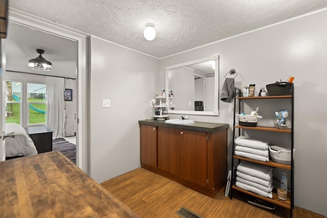 bathroom featuring vanity, hardwood / wood-style floors, and a textured ceiling