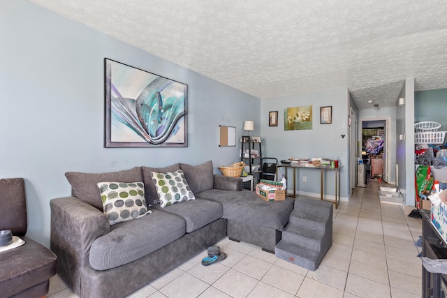 tiled living room with a textured ceiling