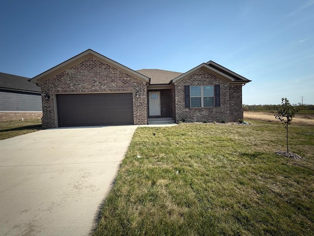 single story home featuring a garage and a front yard