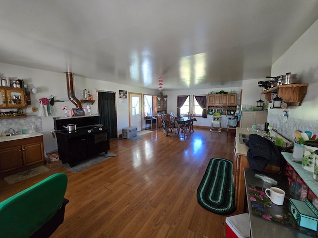 living room featuring dark wood-type flooring and sink