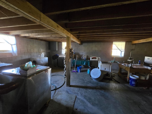 basement featuring stainless steel refrigerator