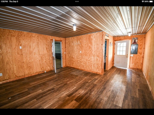 basement featuring wood walls and dark hardwood / wood-style flooring