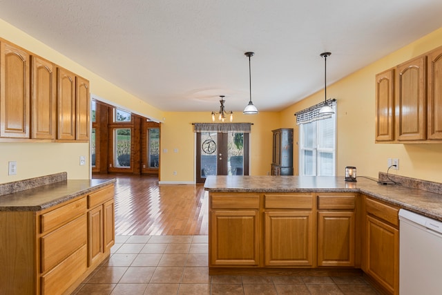 kitchen featuring a healthy amount of sunlight, dishwasher, hanging light fixtures, and light wood-type flooring