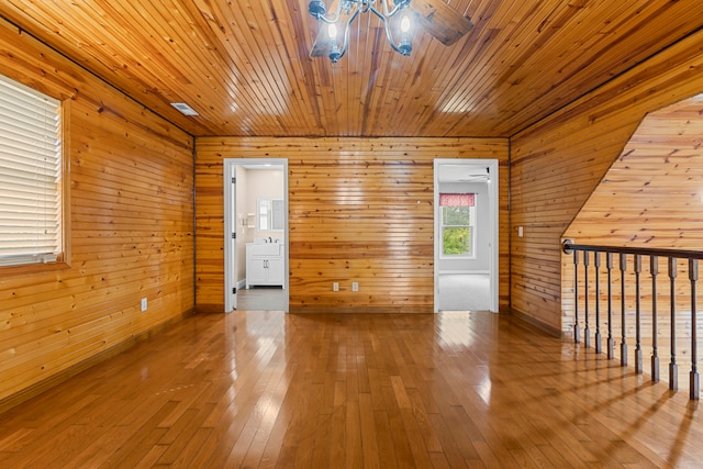 interior space featuring hardwood / wood-style floors, wooden walls, and wooden ceiling