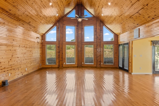 unfurnished living room featuring light hardwood / wood-style flooring, wood walls, and high vaulted ceiling