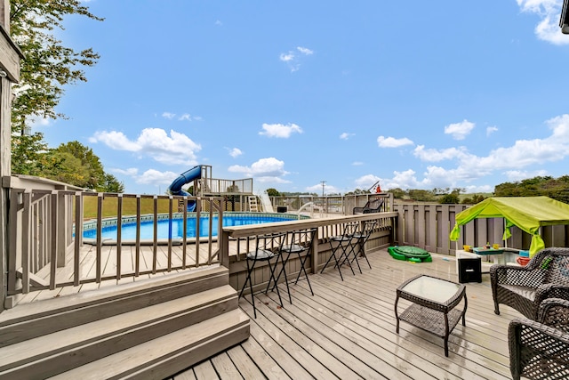 deck featuring a fenced in pool