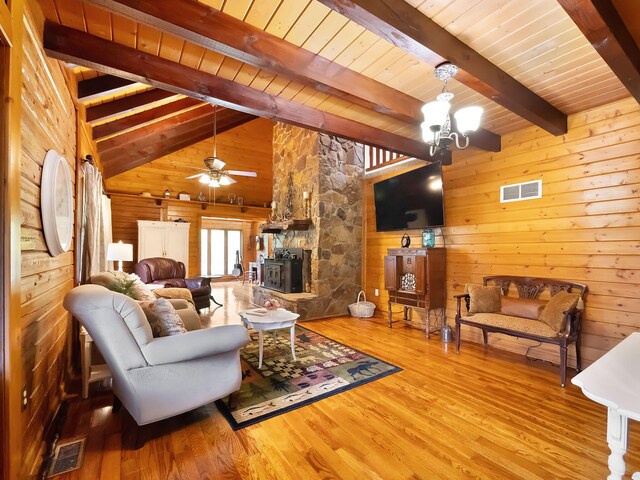 living room with ceiling fan, beam ceiling, wooden walls, a fireplace, and light hardwood / wood-style floors