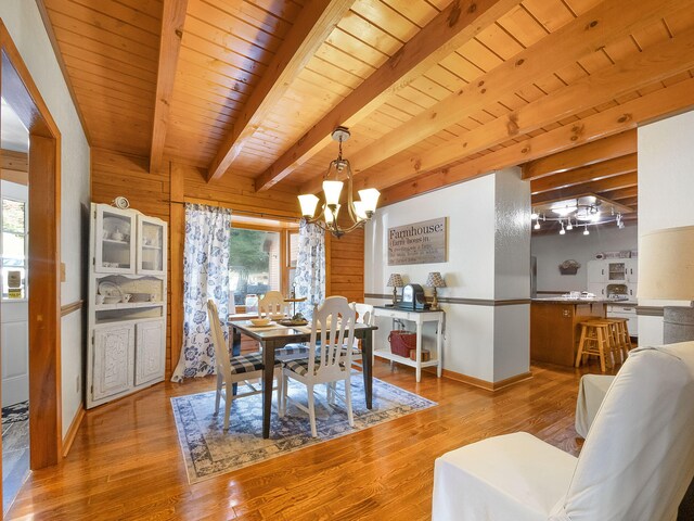 dining room featuring beamed ceiling, light wood-type flooring, wooden walls, and wood ceiling