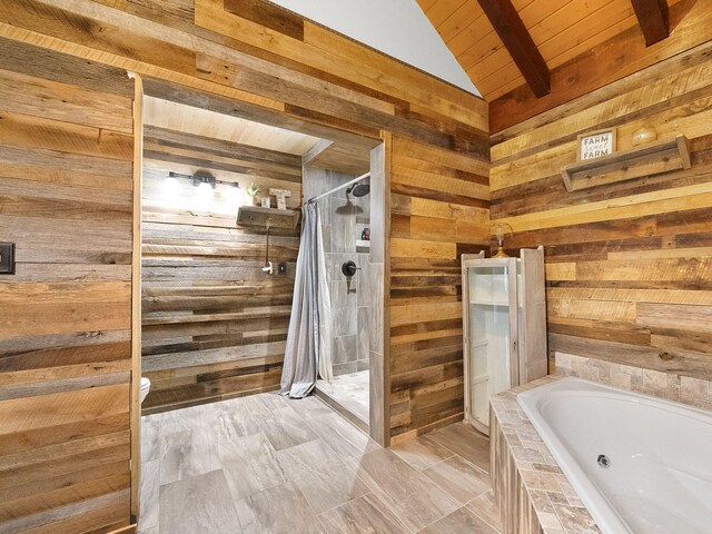 bathroom featuring plus walk in shower, wood walls, vaulted ceiling with beams, wooden ceiling, and toilet