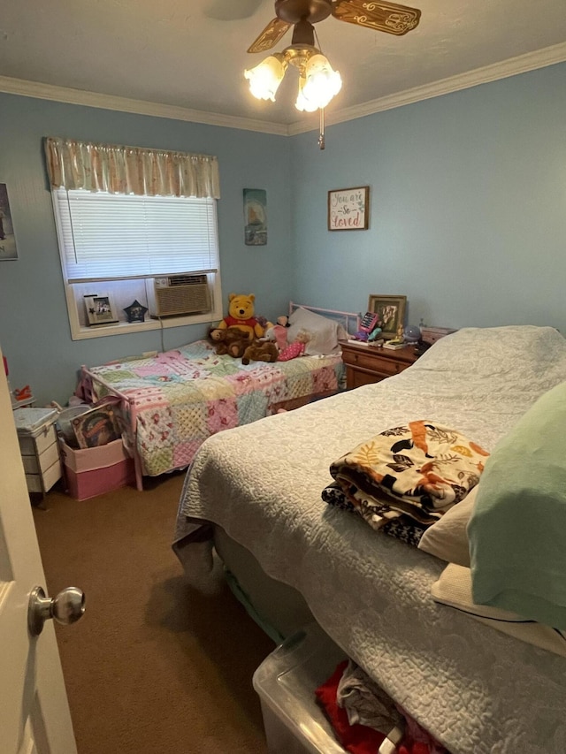 bedroom featuring carpet, crown molding, and ceiling fan