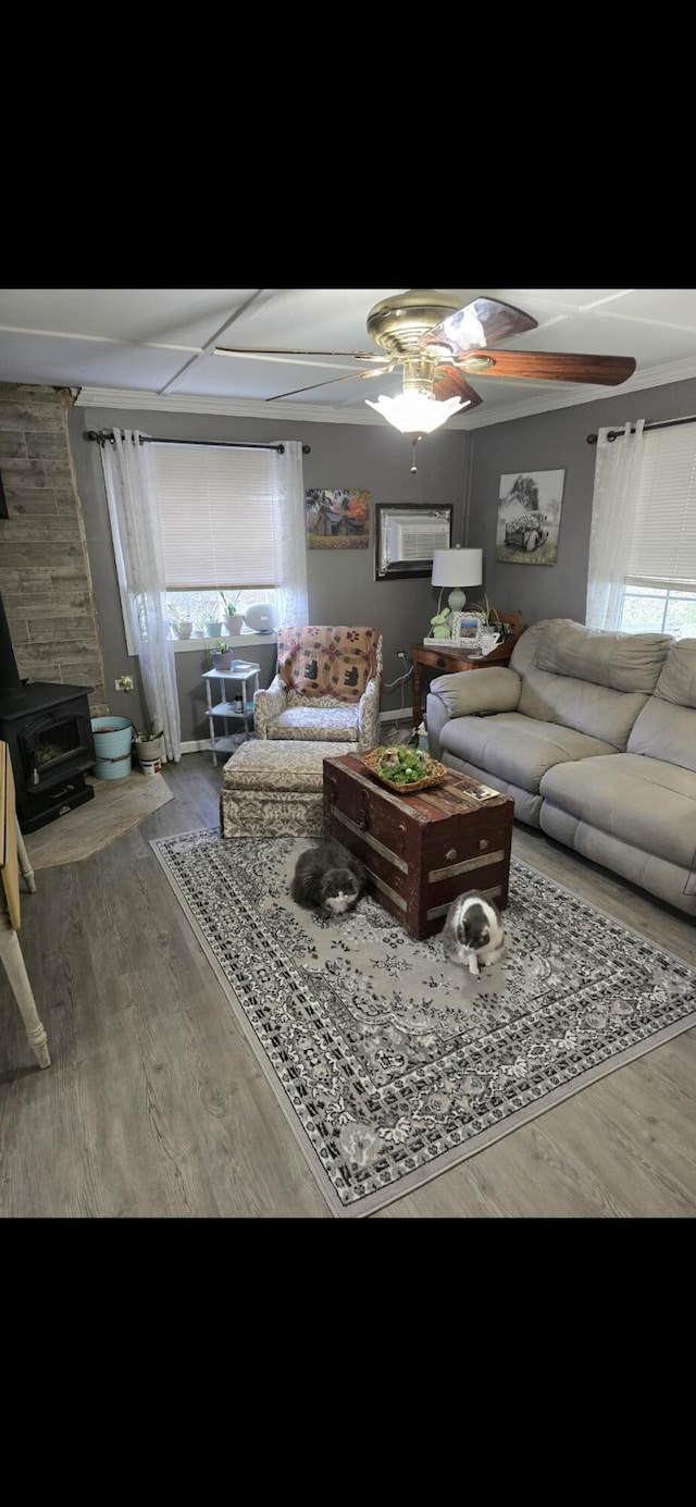 living room with a wood stove, a ceiling fan, and wood finished floors