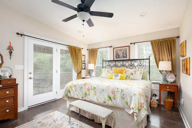 bedroom with access to exterior, ceiling fan, dark wood-type flooring, and lofted ceiling