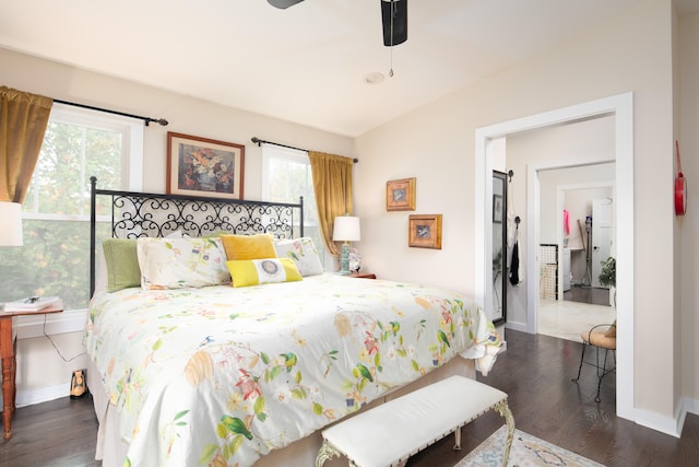 bedroom featuring ceiling fan and dark wood-type flooring