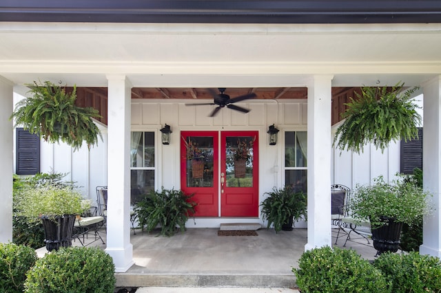 entrance to property with ceiling fan and a porch