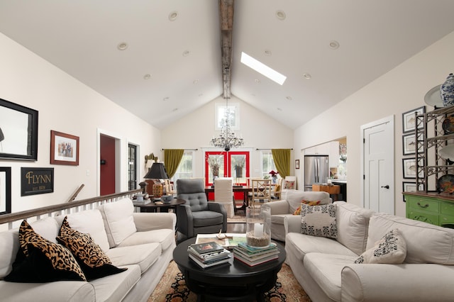 living room with beam ceiling, a skylight, high vaulted ceiling, and a notable chandelier