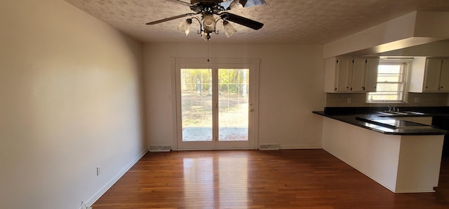 interior space featuring decorative backsplash, a textured ceiling, hardwood / wood-style flooring, and ceiling fan