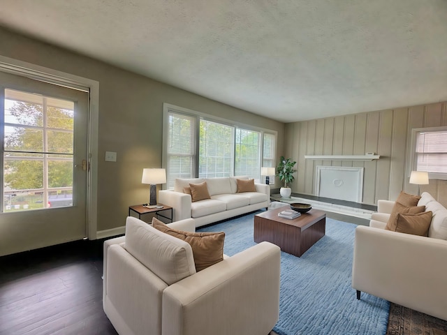 living room with a wealth of natural light, a textured ceiling, dark hardwood / wood-style floors, and wooden walls