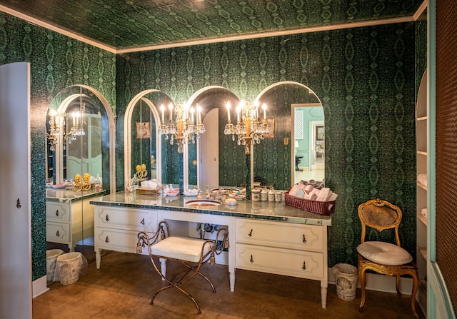 3521 Bryan Station Rd, Lexington, KY 40516 - bathroom with a chandelier, vanity, wallpapered walls, and ornamental molding