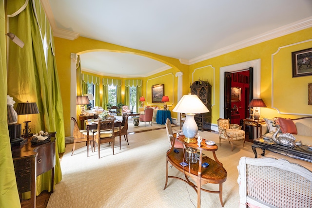 3521 Bryan Station Rd, Lexington, KY 40516 - carpeted living area with arched walkways, ornamental molding, and a baseboard heating unit