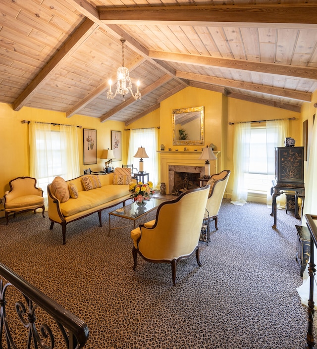 carpeted living room with a notable chandelier, a wealth of natural light, lofted ceiling with beams, and wood ceiling