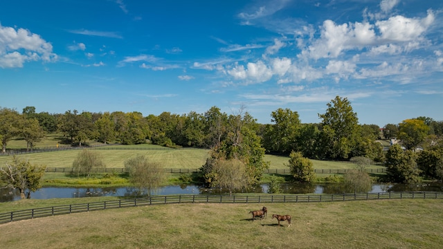 exterior space featuring a water view and a rural view