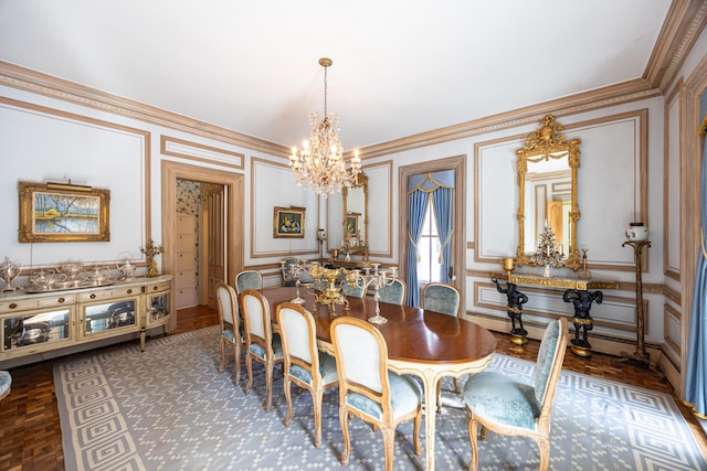 dining space featuring crown molding, dark parquet floors, and a notable chandelier