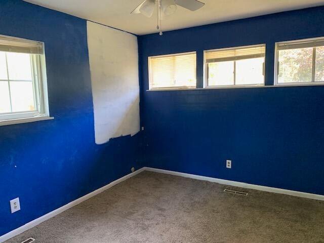 carpeted spare room with ceiling fan and plenty of natural light