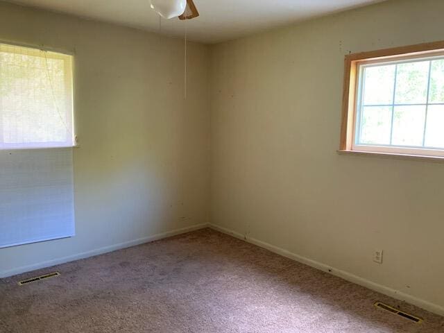 spare room with ceiling fan and carpet flooring