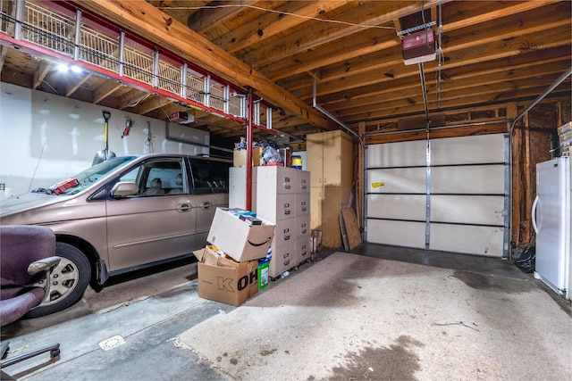 garage with white fridge