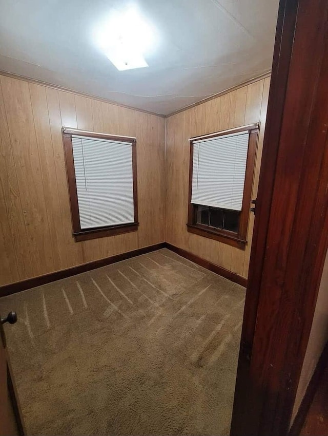 carpeted empty room with wood walls