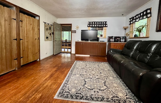 living room featuring hardwood / wood-style floors and a textured ceiling