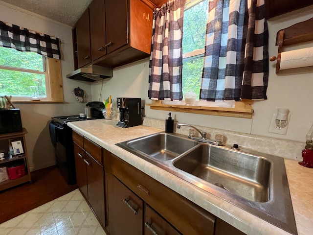 kitchen featuring sink, crown molding, dark brown cabinets, a textured ceiling, and black appliances