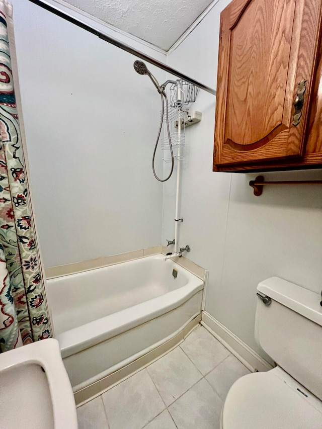 bathroom featuring shower / bath combination with curtain, tile patterned floors, toilet, and a textured ceiling