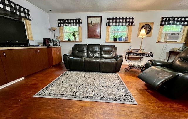 living room with dark hardwood / wood-style floors and cooling unit