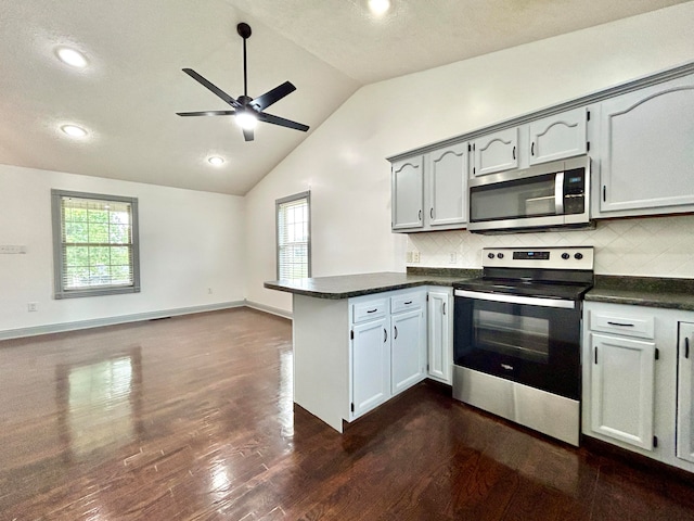 kitchen featuring appliances with stainless steel finishes, kitchen peninsula, dark wood-type flooring, and plenty of natural light