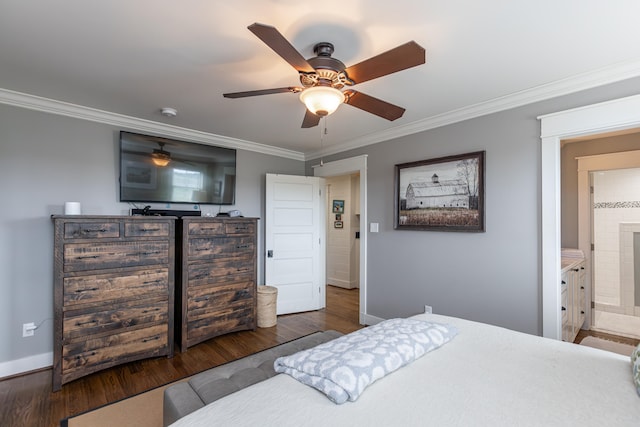 bedroom with ceiling fan, ornamental molding, ensuite bathroom, and dark hardwood / wood-style flooring